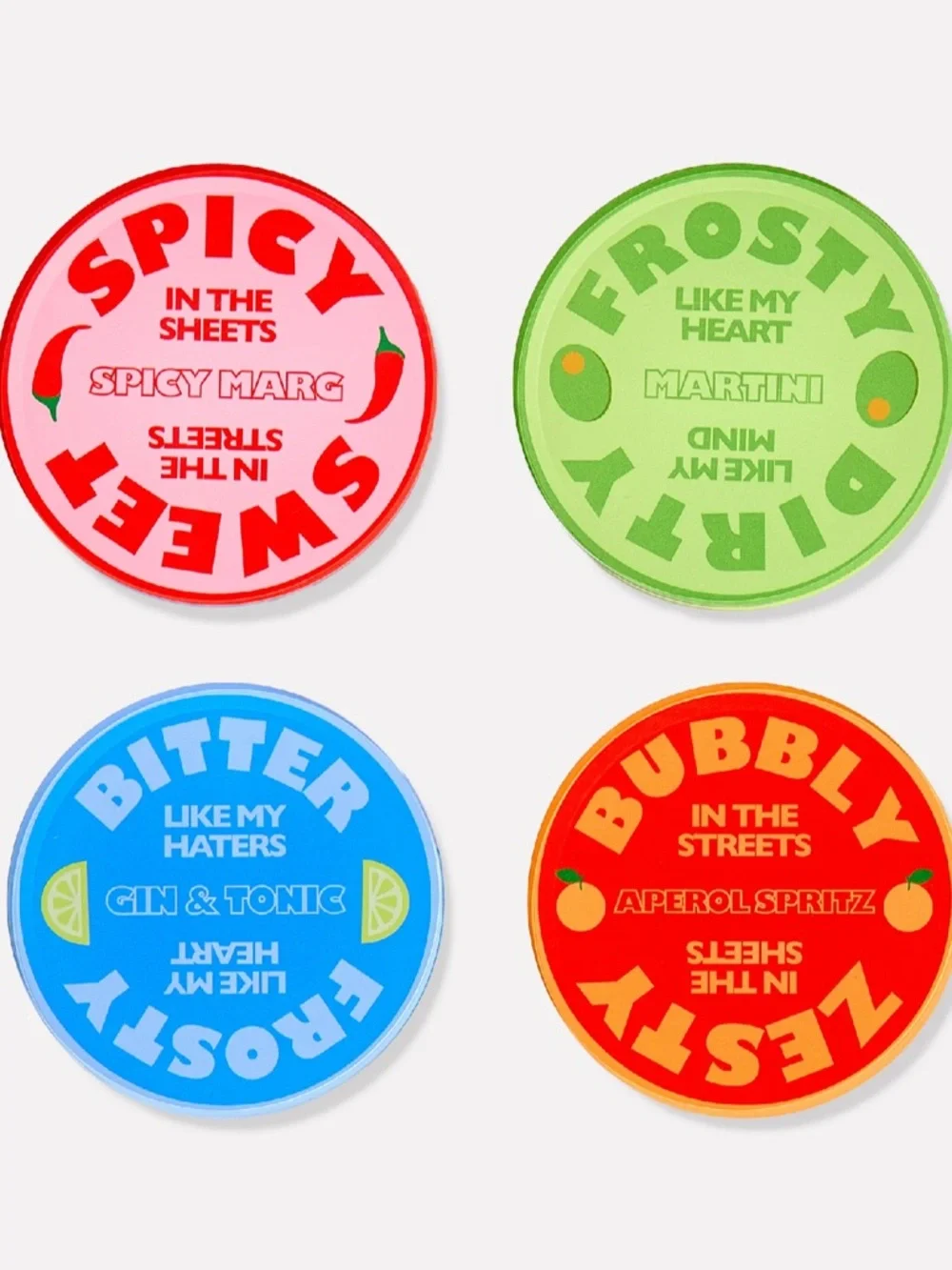 Set of 4 drinks on me coasters. Tart by Taylor